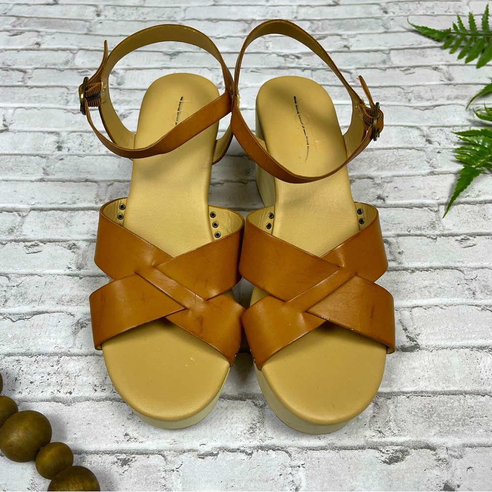 Loft Women’s Cognac Camel Brown Wooden Wedge Sandals Size 7 Bohemian Neutral 90s - Picture 5 of 13